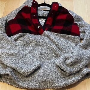 Maurices Gray Plush Pullover Sweater with Red Buffalo Plaid Yoke